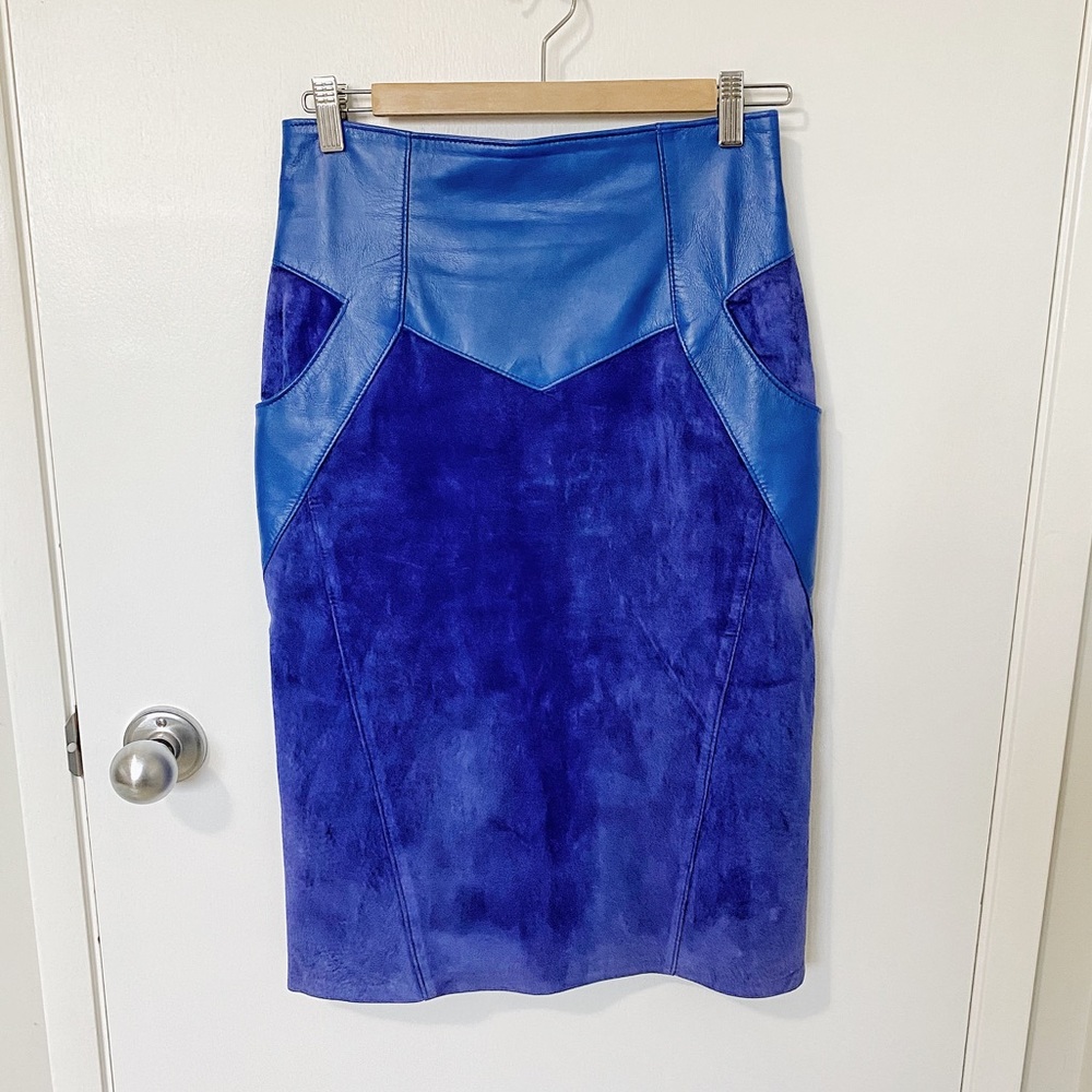 Vintage Suede Leather High Waist Pencil Mini Skirt Cobalt Blue size Small